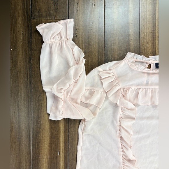 Sheer Pink size S Ruffle Mock Neck Blouse Top Long Sleeve Balloon Sleeves Cuff - Picture 2 of 8